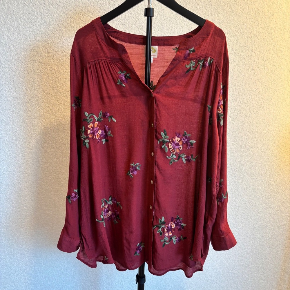Fig and Flower Burgundy Floral Embroidered Blouse Top Size 2X
